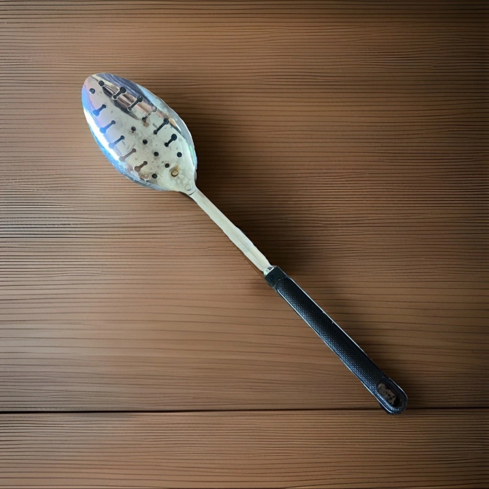 Vintage Ekco Stainless Steel Slotted Serving Spoon Black Plastic Handle 12" USA
